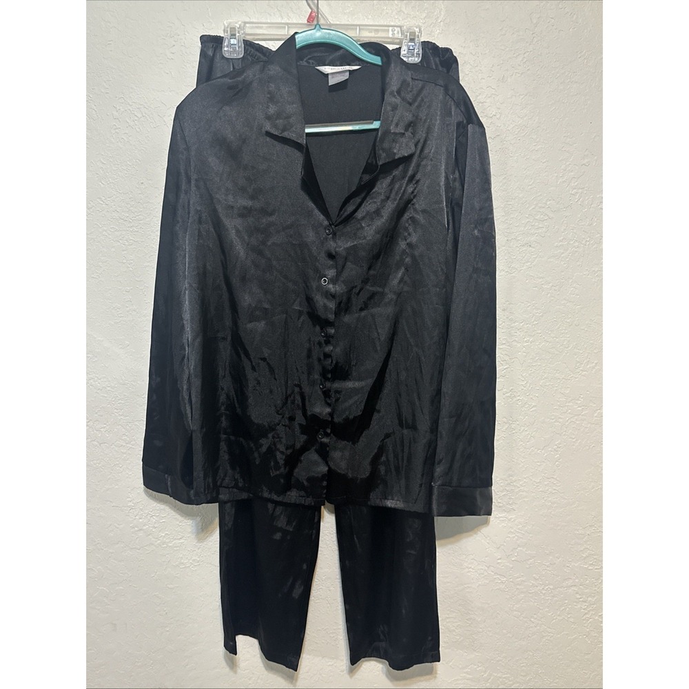 Gilligan & O'Malley Womens Black Satin Pajama Set Long Sleeve Button Up Large